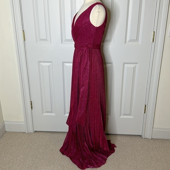 Maniju Magenta Sparkle V Neck Pleated Maxi Dress SzMedium - Picture 5 of 8